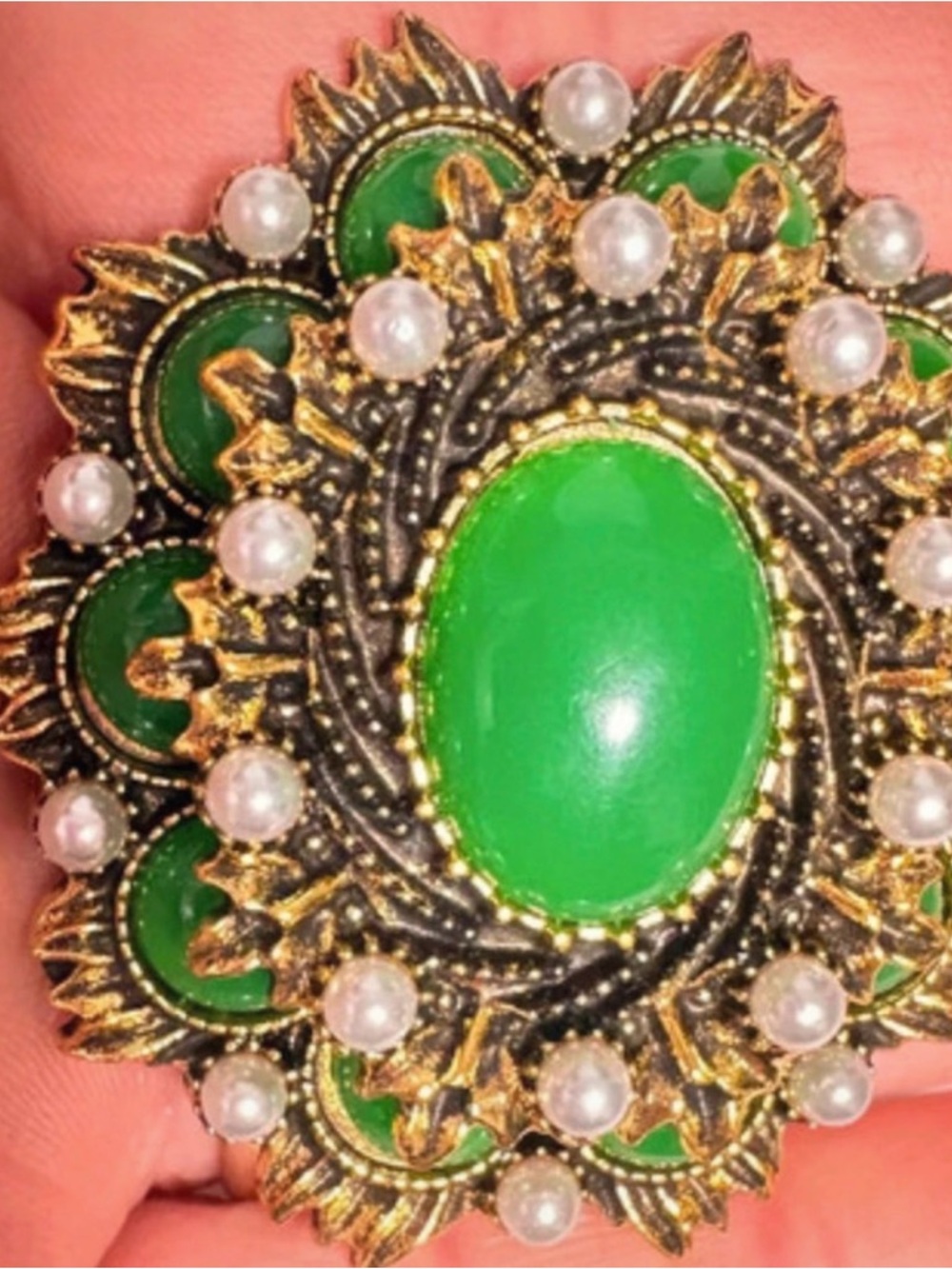 Vintage inspired green and gold tone large oval brooch Brooch with faux pearls